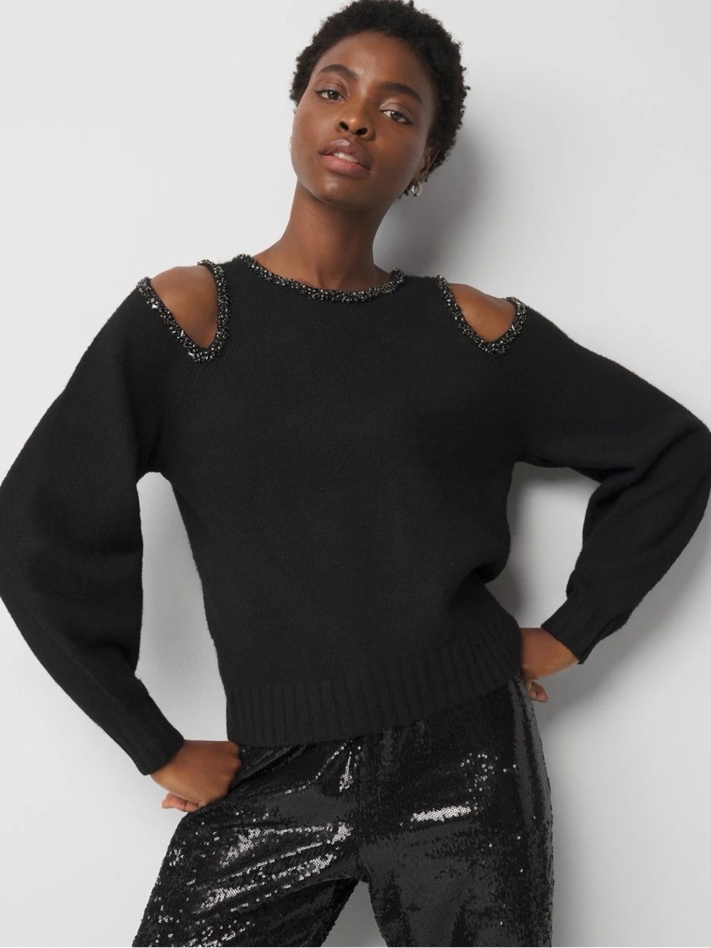 White House Black Market Embellished Cutout Long Sleeve Sweater Small Jeweled